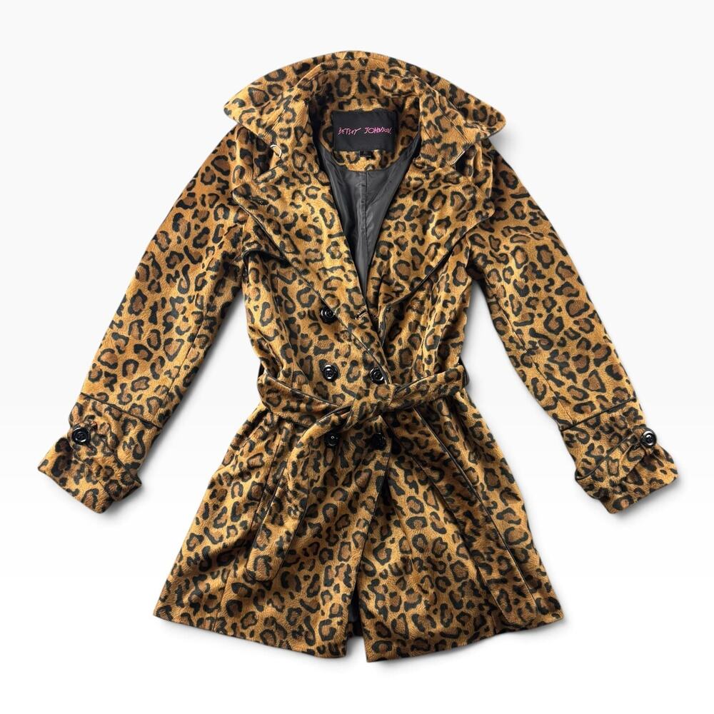 Betsey Johnson Leopard Print Faux Fur Trench Coat Womens XS Belted Double Breast